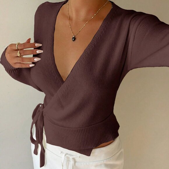 Chocolate Brown Casual Women's Wrap Tie Front Cardigan - Picture 1 of 7